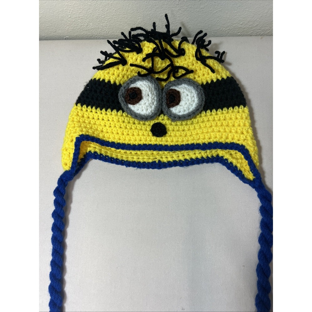 Handmade Crochet Minion Beanie Hat Yellow Blue Ear Flap Tassels Despicable Me